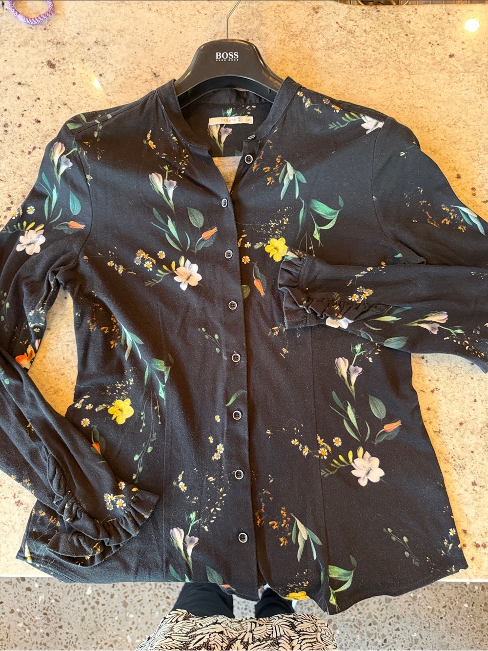 Black Floral-Print Button-Down Shirt with Green and Yellow Accents